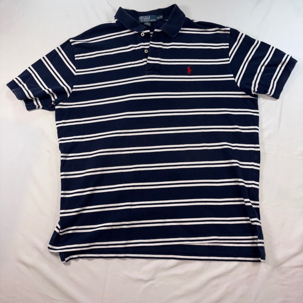 Polo Ralph Lauren Mens XL‎ Navy Blue White Striped Short Sleeve Pique Polo Shirt